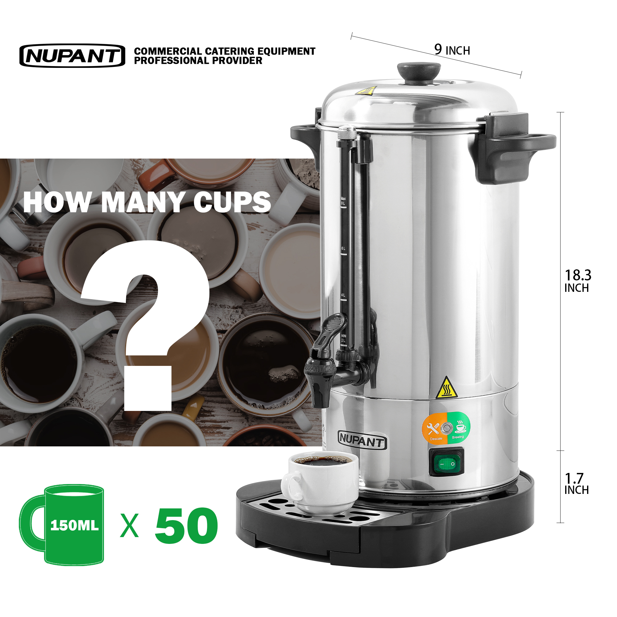 Commercial Coffee Urn 50 Cup/8L Coffee Dispenser with Upgraded Percolator,  304 Stainless Steel Hot Water