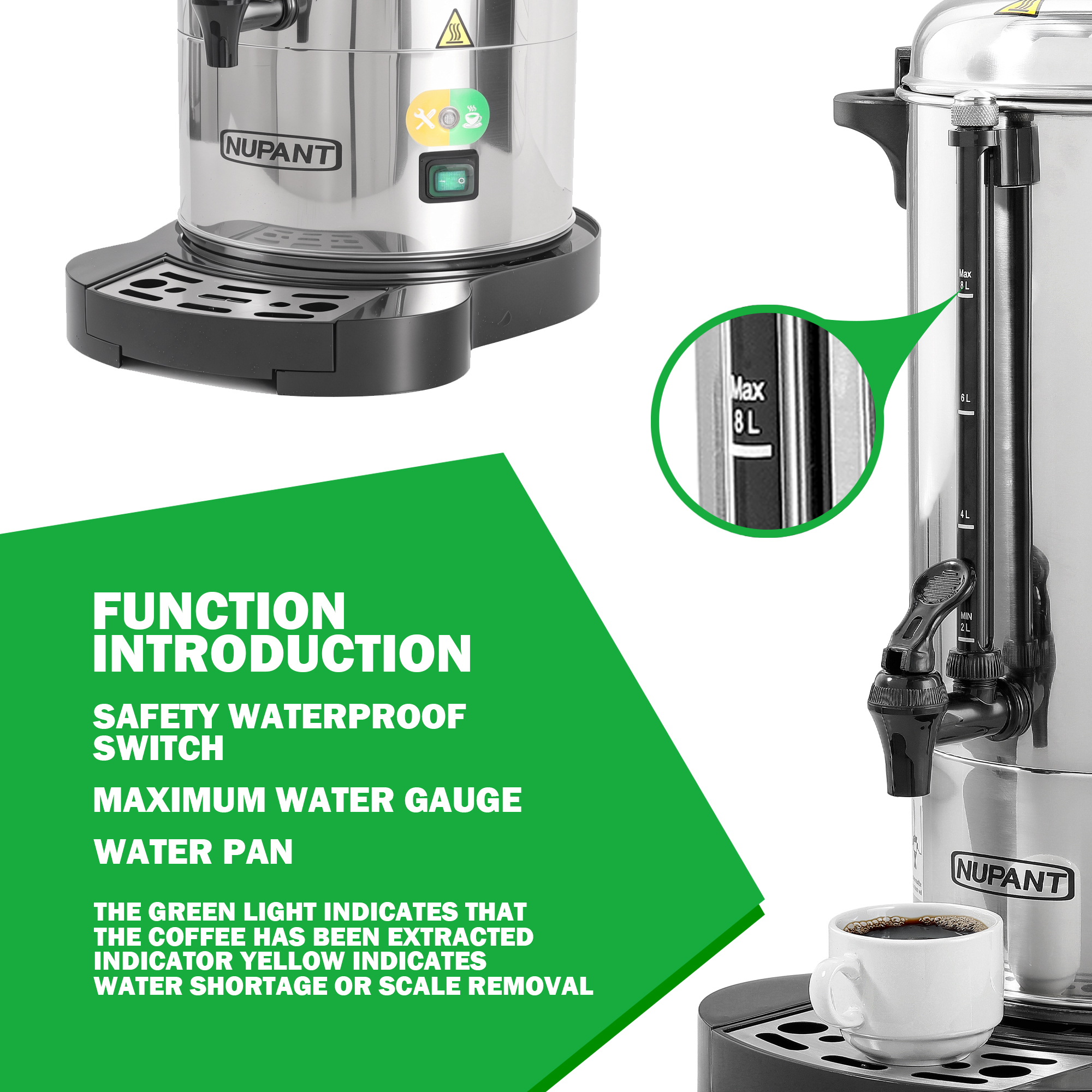 Commercial Coffee Urn 50 Cup/8L Coffee Dispenser with Upgraded Percolator,  304 Stainless Steel Hot Water