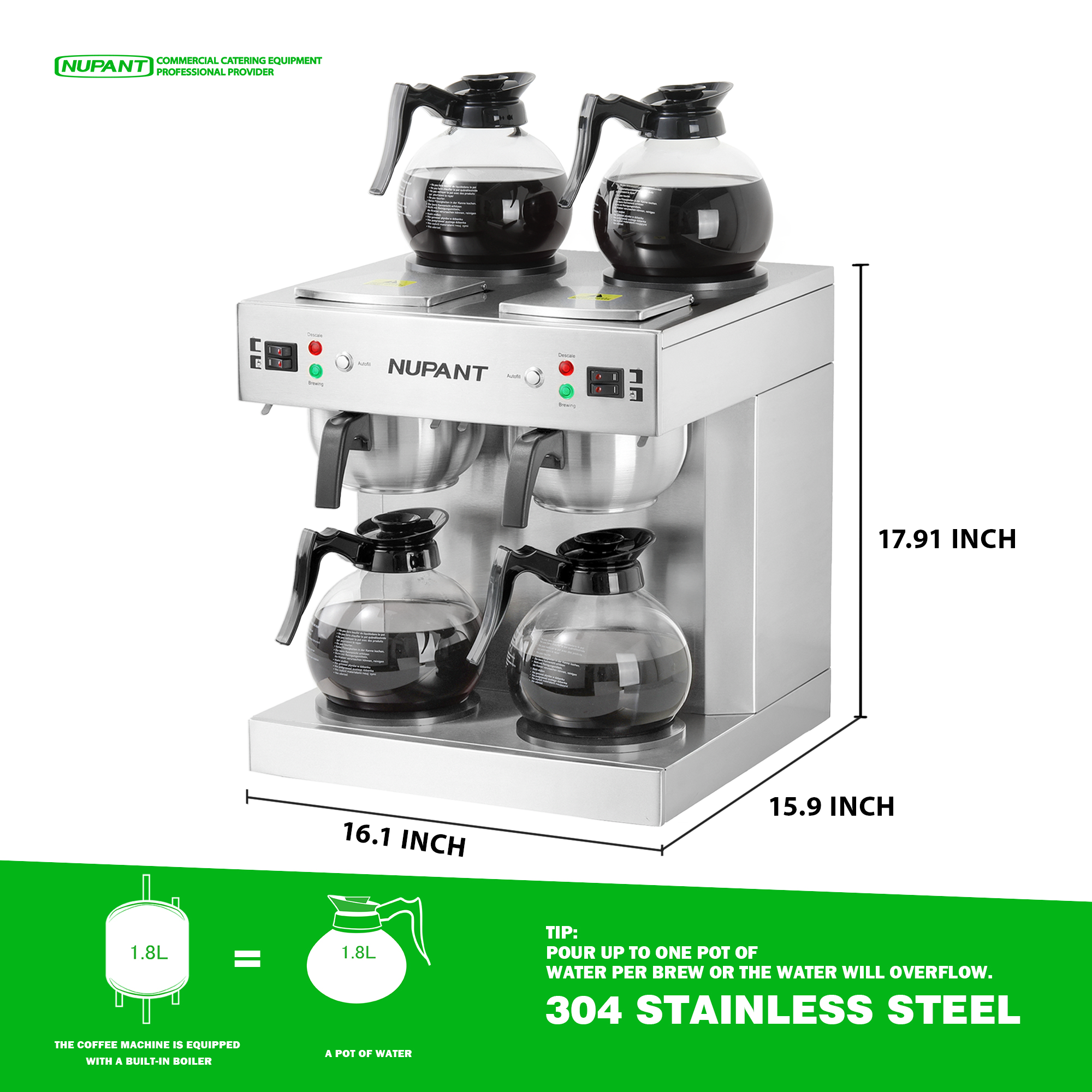 Dual Drip Commercial Coffee Maker with Water Line 200 Cup/H 7.2L  Auto-Filling Drip Coffee Maker Machine with 4 Carafes & 4 Warmers Stainless  Steel Pour over Double Coffee Brewer for Restaurant