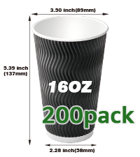 NUPANT 16oz Disposable Coffee Cups with Lids -200 Pack Insulated Corrugated Paper Cups Kraft Ripple Wall Paper Coffee Cups to Go for Hot/Cold Drinks, Disposable Cups for Home Office Party Cafe(Black)