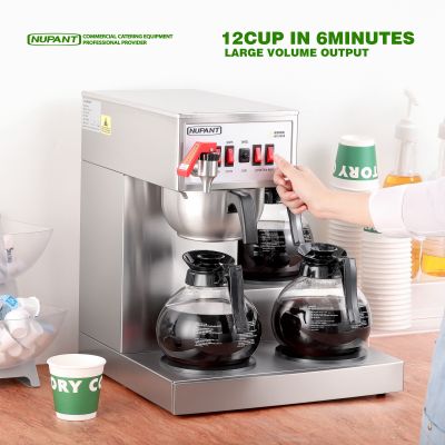 12 Cup Commercial Coffee Maker Auto Filling Drip Coffee Maker Machine with 3 Glass Carafes 3 Warmers Stainless Steel Pour Over Coffee Brewer with Hot Water Dispenser for Restaurant Office Cafe 